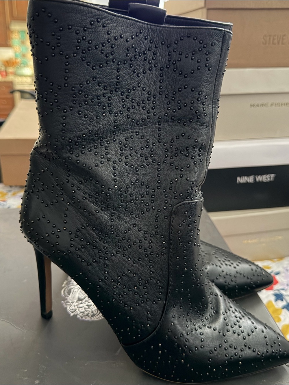 Vince Camuto Black Studded Pointed-Toe Stiletto Ankle Boots
